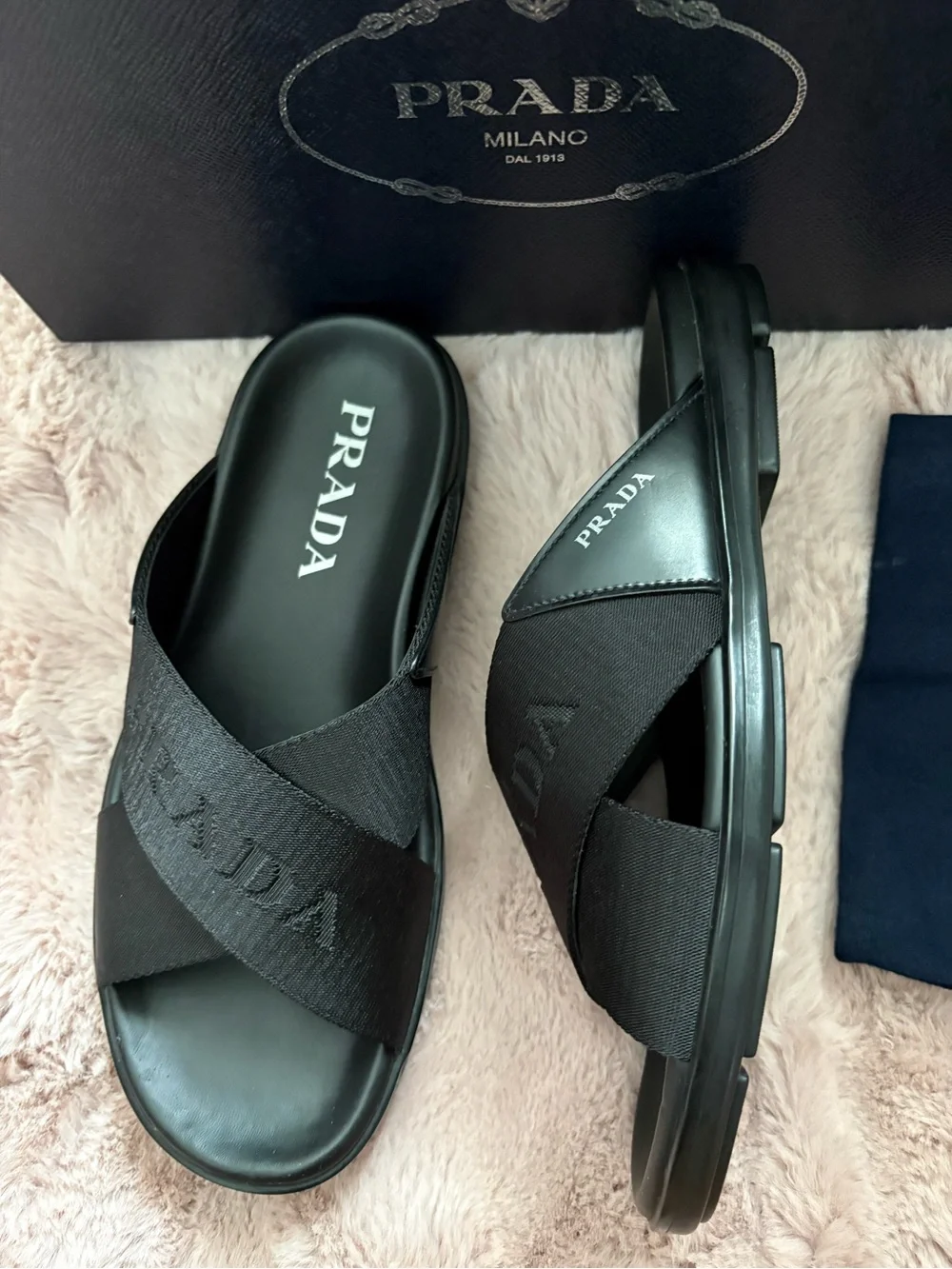 Prada Black Cross-Band Logo Slides for Men